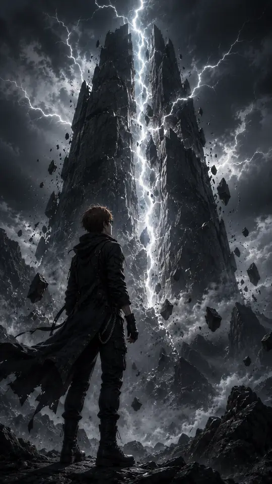 A lone figure in a long coat facing a dark tower struck by lightning