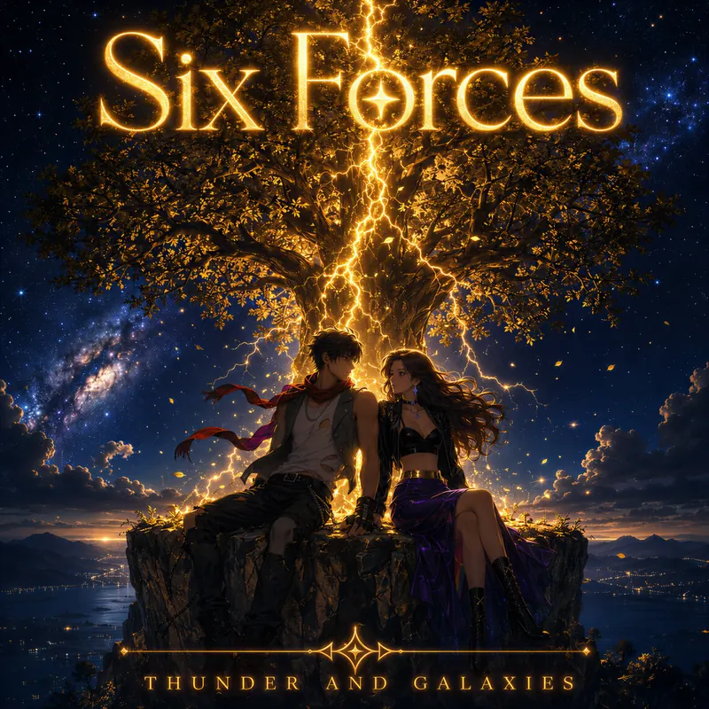 Thunder and Galaxies cover: Lee and May sitting on a rock beneath a glowing, lightning-struck tree under a galaxy sky