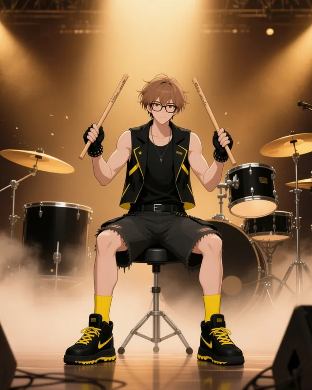 Edgar seated at his drum kit, sticks raised, under warm golden stage lights