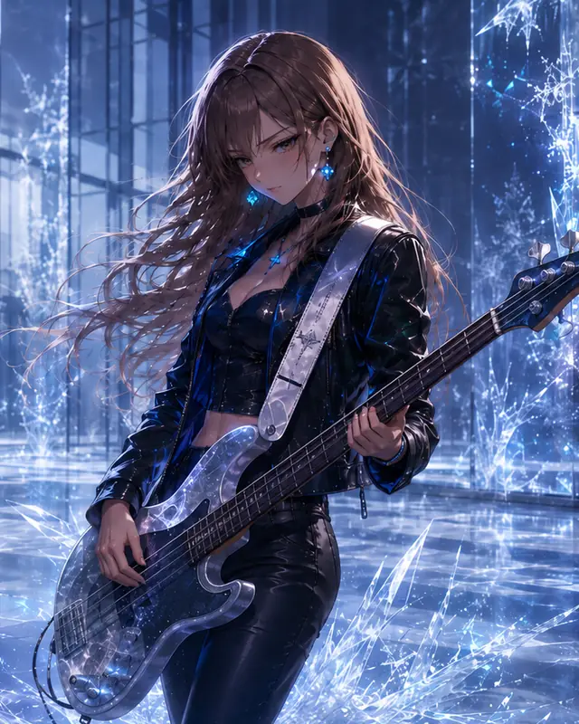 Lara playing a clear crystal bass in a frozen glass lobby, shards of ice rising from the floor around her
